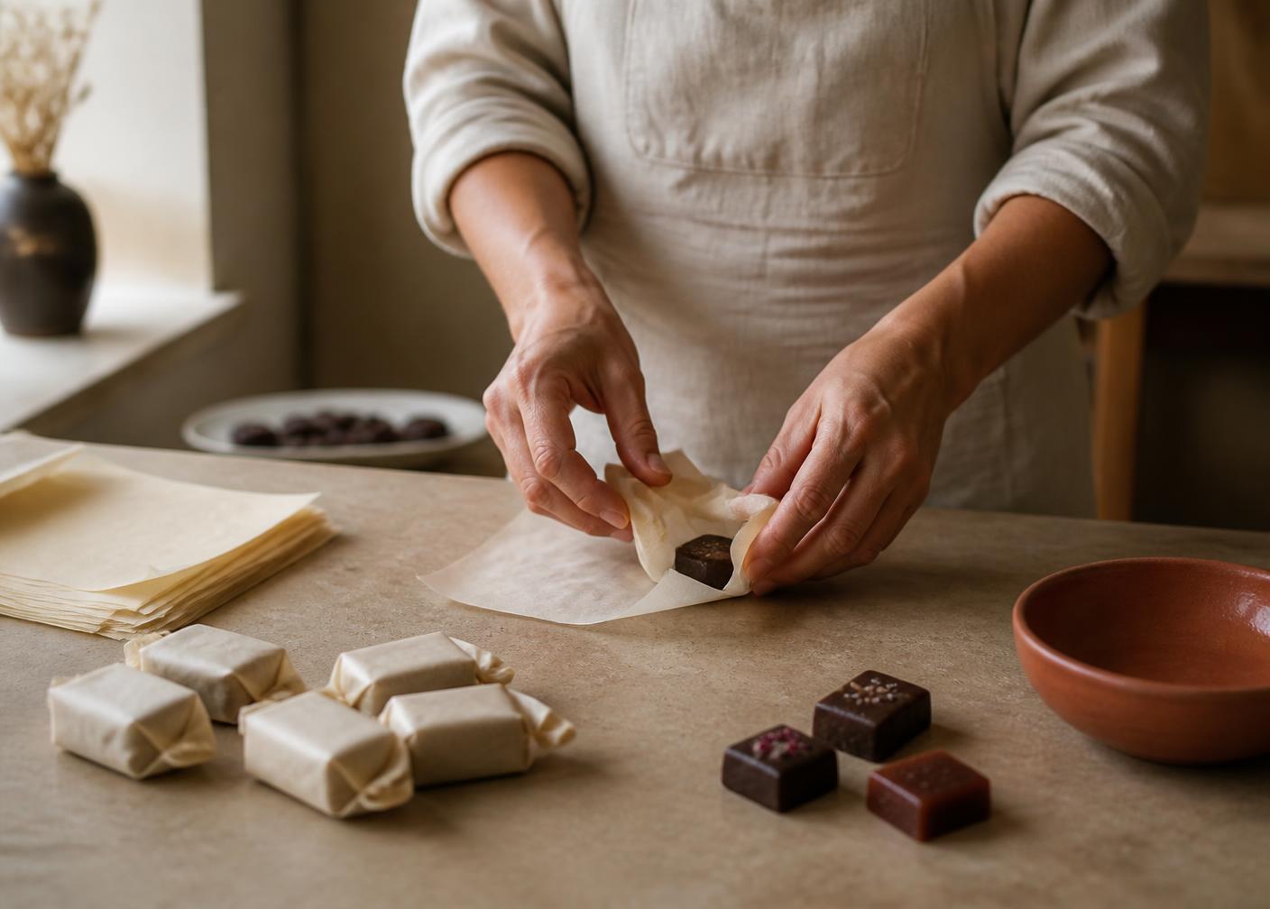 Sweets being wrapped in cream paper on a workbench